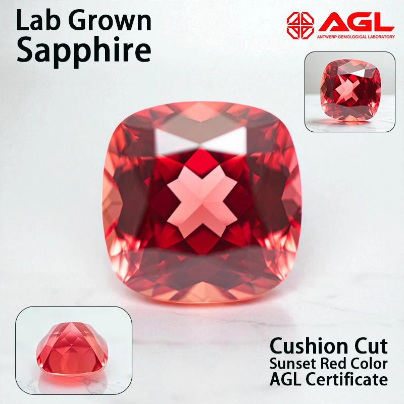 

Искусственный сапфир огранки «кушон» цвета «закатный красный» для изготовления украшений своими руками: кольца, серьги, оптом, с возможностью выбора, сертификат AGL