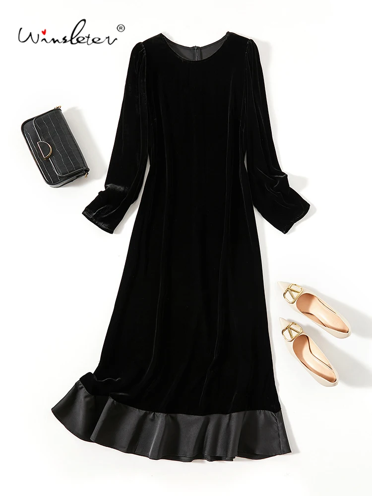 

Winsleter, 100%Real Silk Elegant Dresses, Women Long Sleeve O Neck, Vinatge French Bottom Dress, 2024 Summer Autumn D478123QC
