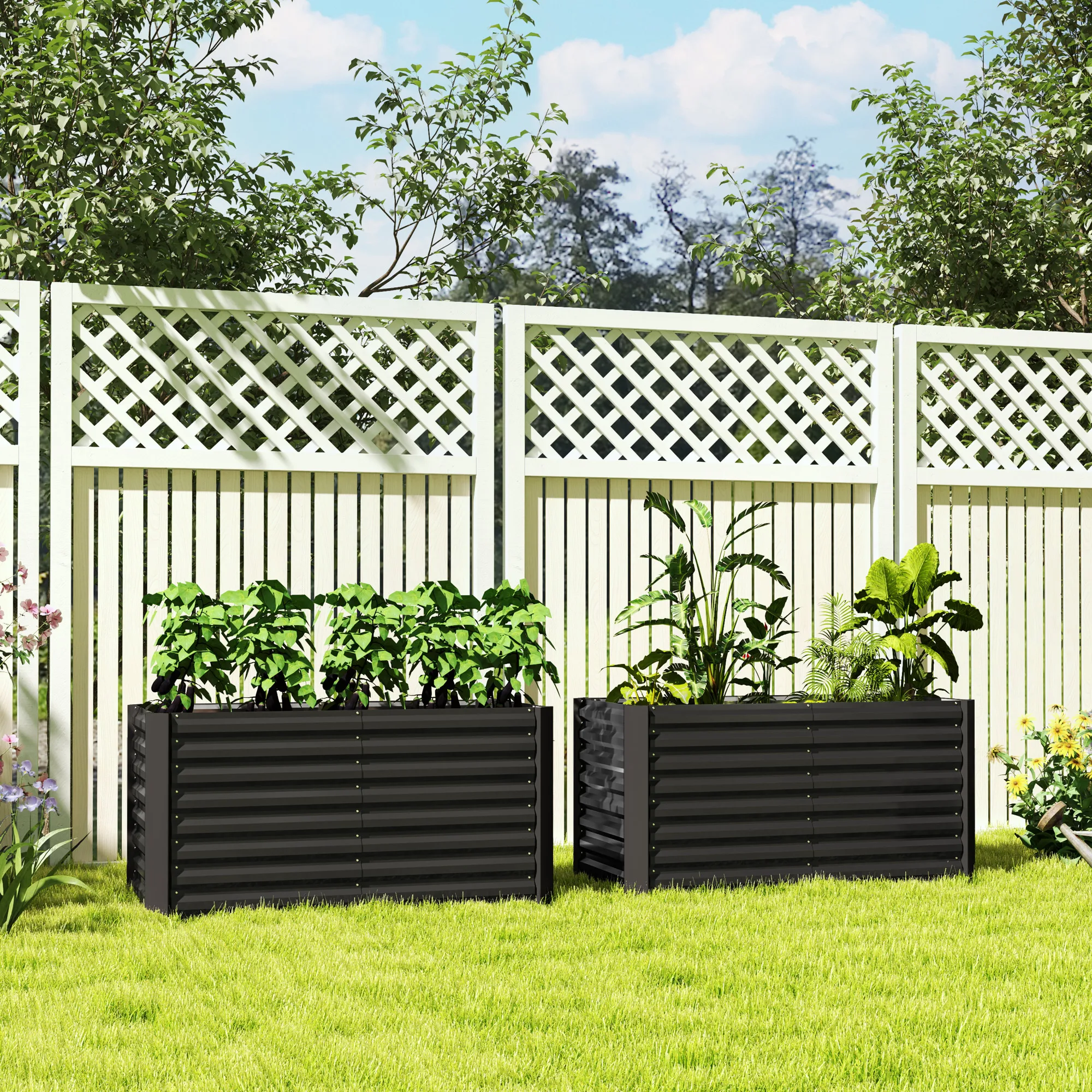 Outsunny Lote de 2 camas de jardín elevadas cuadradas para huertos, estructura de acero galvanizado, base abierta, 120 x 60 x 60 cm, gris oscuro