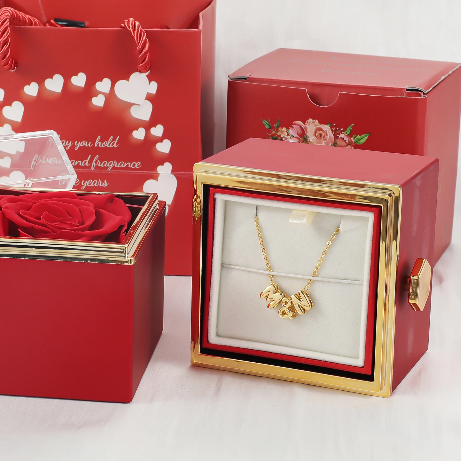 Customize Initial Letter Bracelet A&B ETERNAL ROSE BOX-3D BUBBLE & REALROSE Flower Gift Box Heart Valentine Day Gift for Women