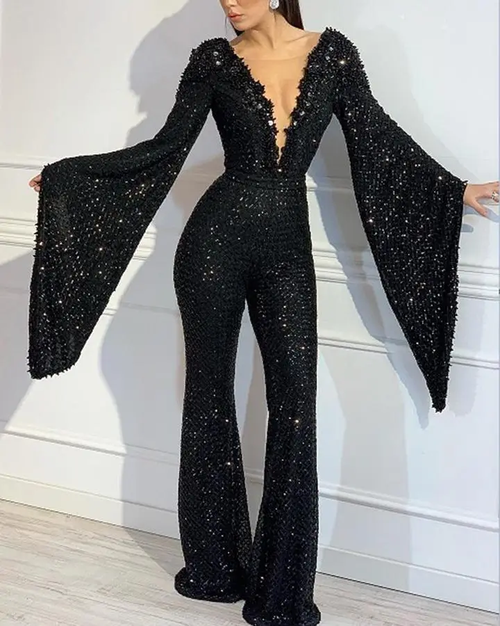

2025 Autumn And Winter New Fashion Women's Temperament Sequined V-neck Bat Sleeve Top Jumpsuit Fake Two Pieces