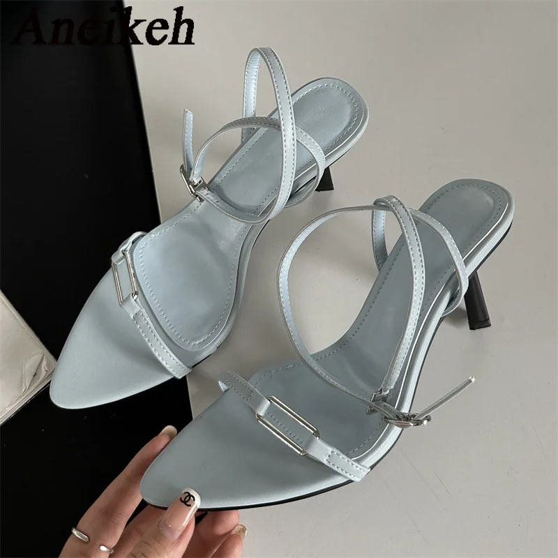 Aneikeh Sexy Slingbacks Narrow Band Buckle Strap Pumps Women Pointed Toe Low Thin Heels Wedding Party Mules Shoes Female Sandals