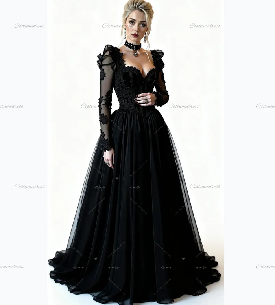 Dark Romance Black Wedding Dress Sweetheart Long Sleeve Bohemian Bridal Dress Elegant Celtic Country Boho Bride Dress 2026 Retro