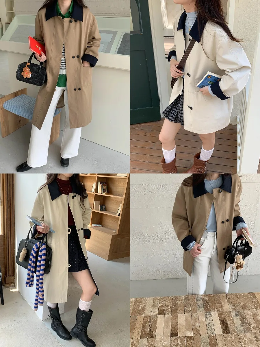 British Lapel Trench Coat Colorblock Oversized Trench Coat Casual Lightweight Trench Coat Convertible Long Short Outerwear