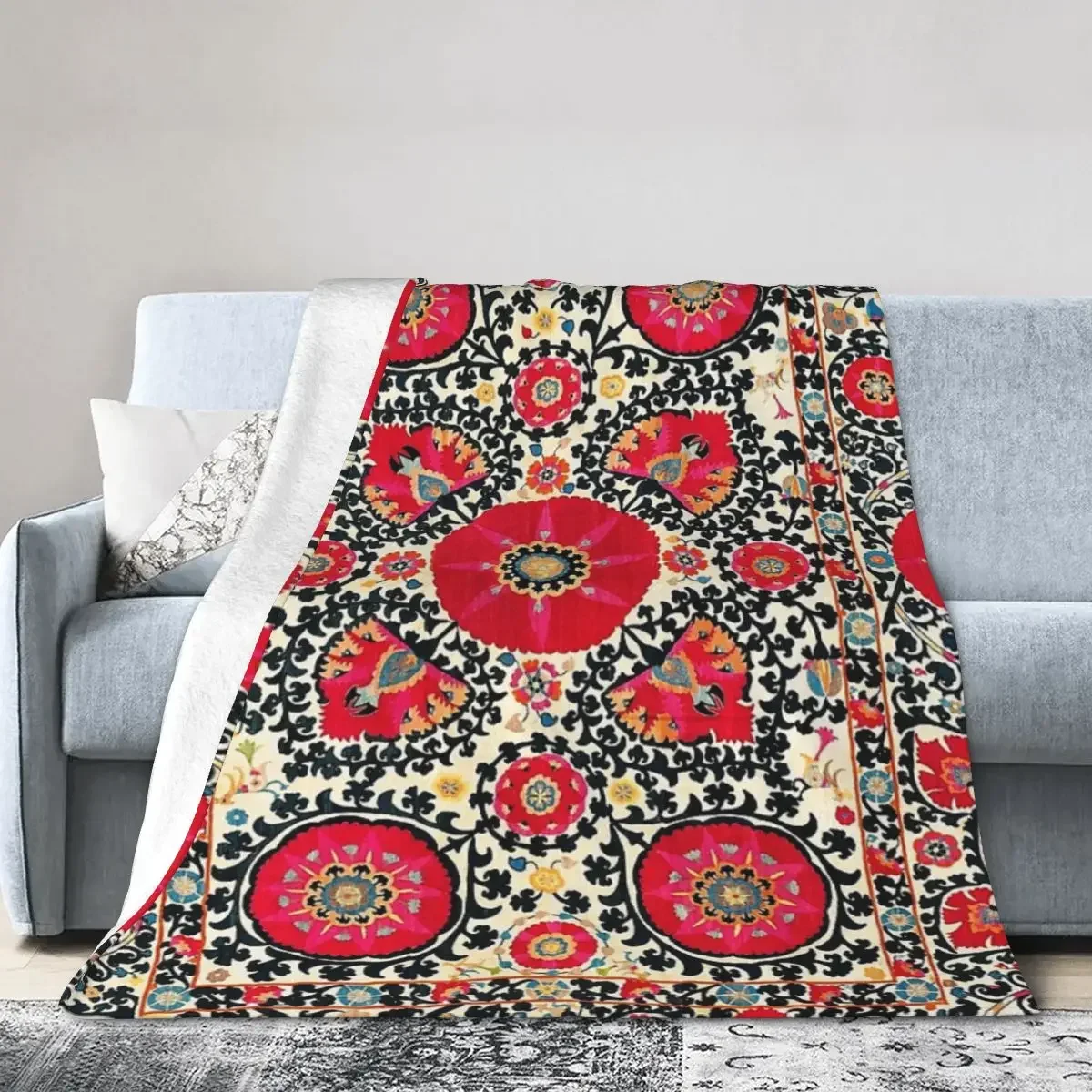 Throw Blanket Shakhrisyabz Suzani Uzbek Embroidery Print Blankets Soft Bedding Warm Plush Blanket for Picnic Travel Home Couch