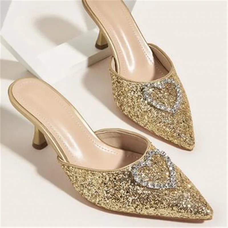 

2023 New Shallow Mouth High-heeled Women's Shoes Love Rhinestone Shining Thin Heel Slippers Pointed Women's Single Shoes