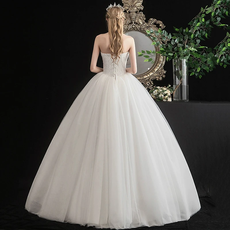 AnXin SH princess white flower lace strapless sleeveless ball gown lace up party bride simple customized wedding dress