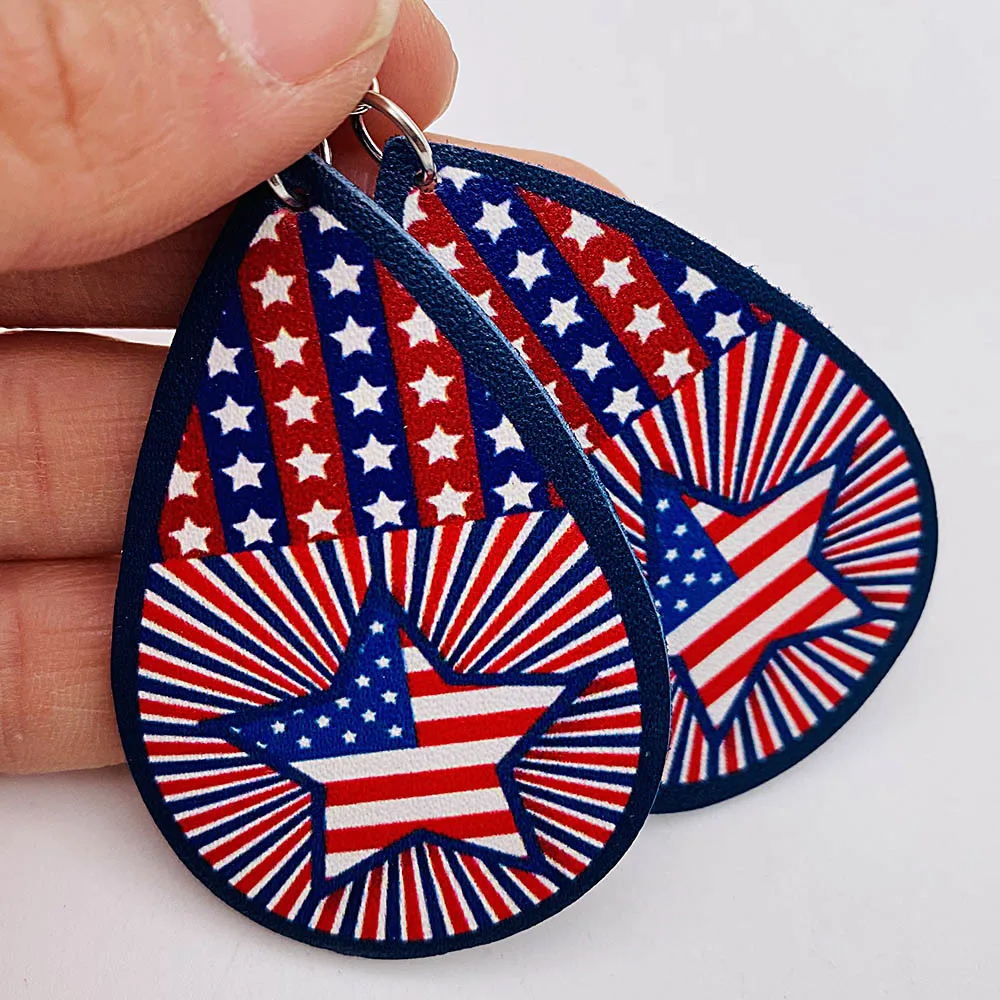 New Independence Day Leather Earrings American Flag star Water Drops Leather Earrings for Women Party Gifts