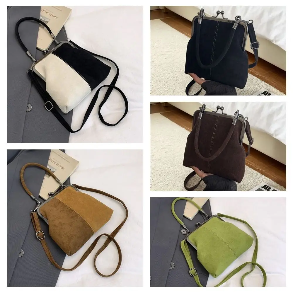 Large Capacity Retro Frosted Handbag Kiss Lock Short Handle Leather Crossbody Bag PU Clip Closure Clutch Shoulder Bag image 5