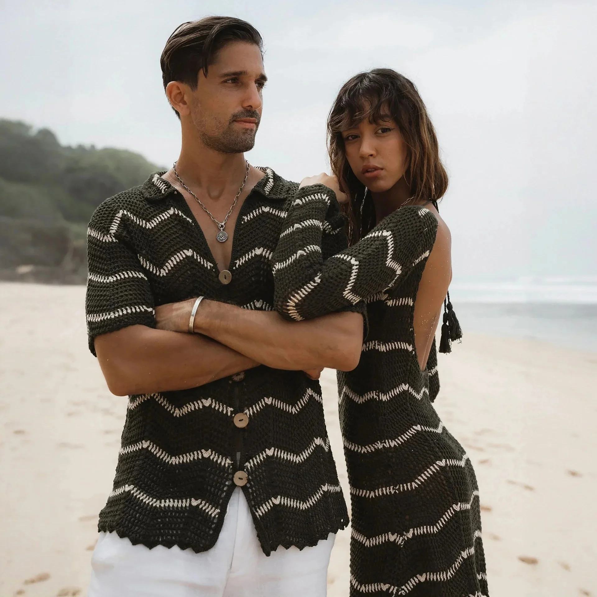 

Black Striped Knitted Beach Couple Bikini Cover Up Cover-ups Beach Dress Show Waist Beachwear Backless Women And Men 2025