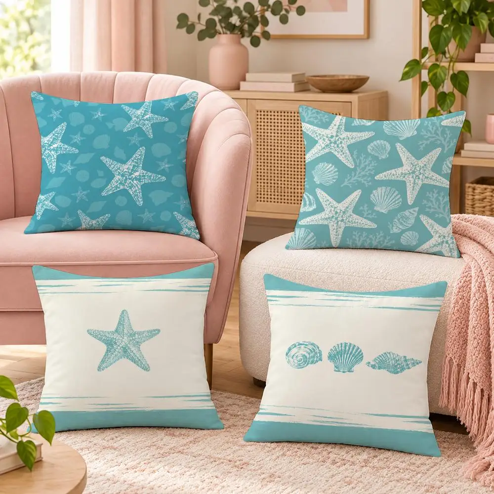 Seaside Starfish & Shells Decorative Cushion Cover Pillow Case Organic Short Plush Cushion Covers Washable Wrinkle-Resistant