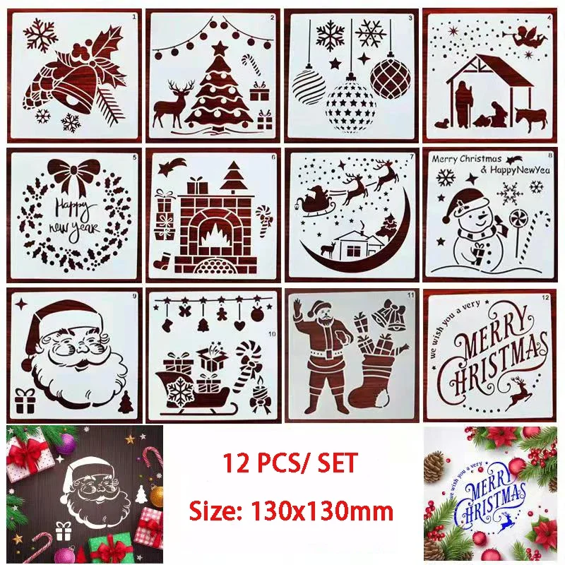 12Pcs/set New Christmas Day Painting Stencils Templates Professional Hollow White DIY Masking Spray Decoration PET Makeup Tools