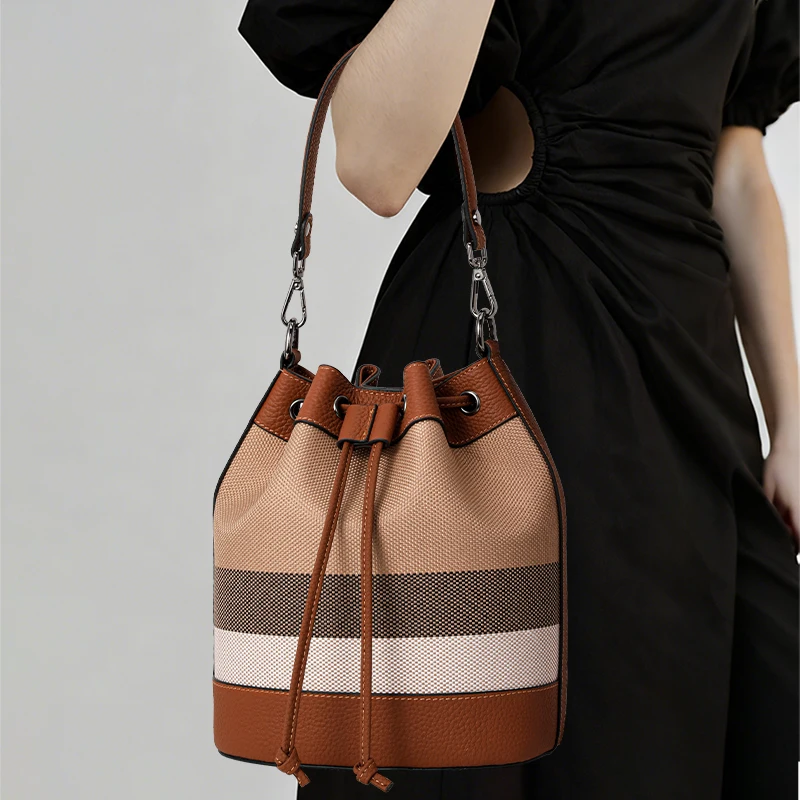 Genuine Leather Bucket Bag, Plaid Bag, Canvas Splicing Shoulder Crossbody Bag, Mother-and-Son Bag, New Style Brown Women's Bag