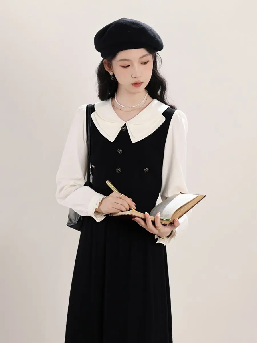 

French Two-piece Set, Spring and Autumn, Two-piece Top with Waistband, Pleated A-line Mid-length Skirt