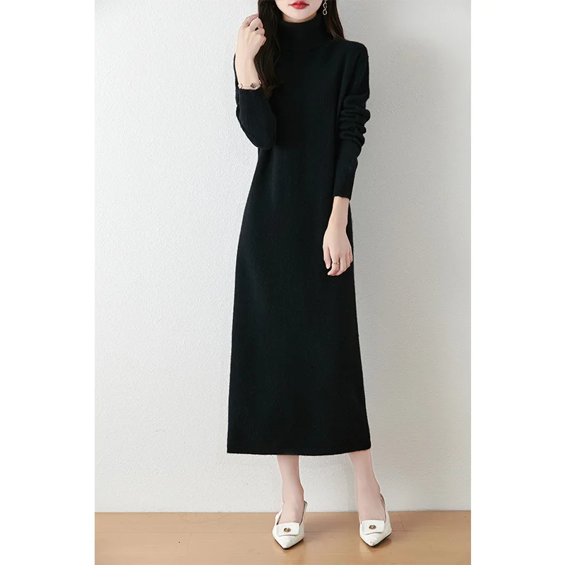 Cashmere Turtleneck Loose Women Dresses 100% Wool Knitted Jumpers 2024 Autumn/Winter New Fashion Long Dresses Female Pullovers