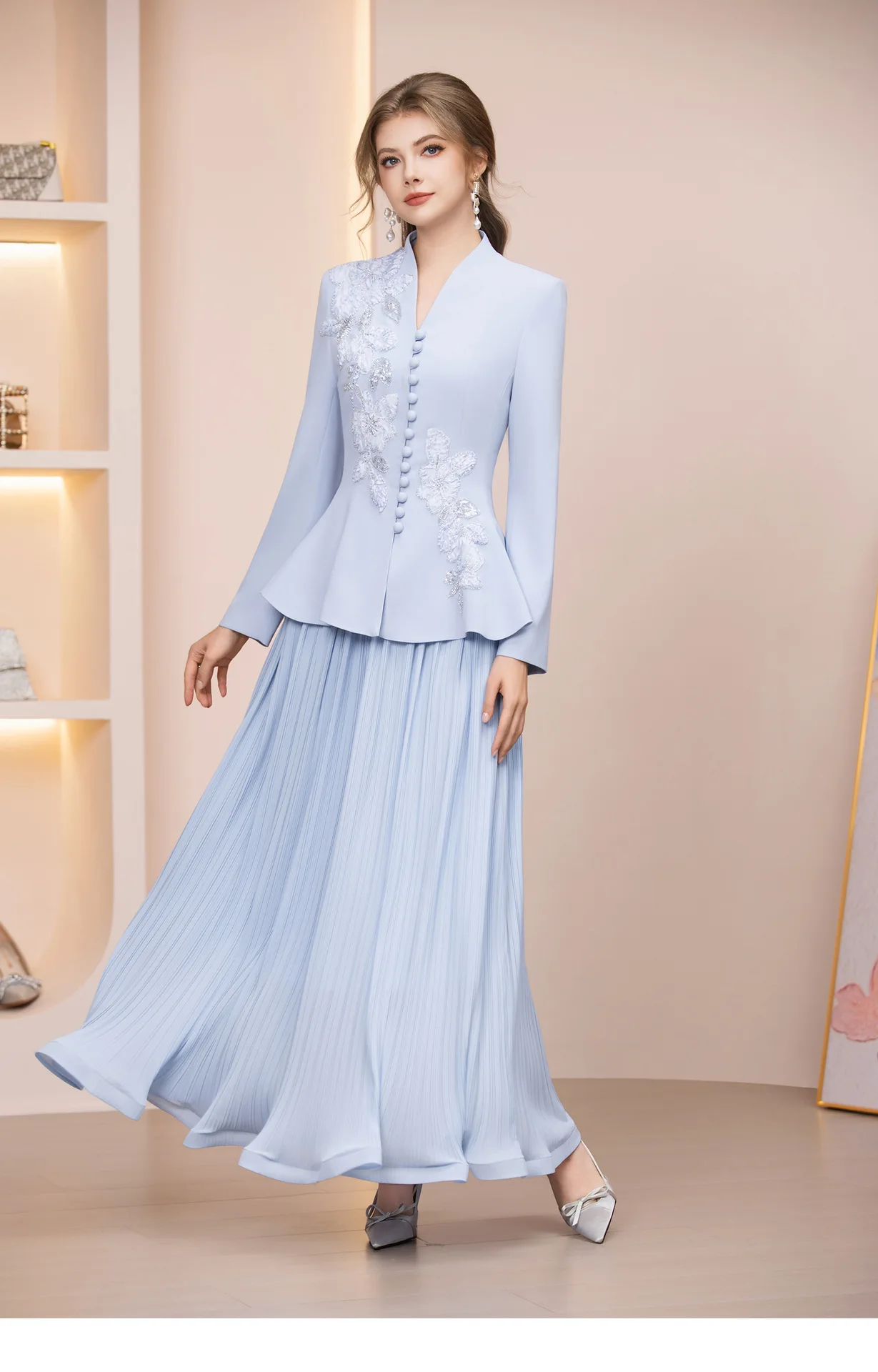 

Elegant Spring Autumn Long Dress Two Piece Set Women Blazer Jackets Pleated Maxi Skirt Suits 2pcs Outfit Office Lady Work Wear