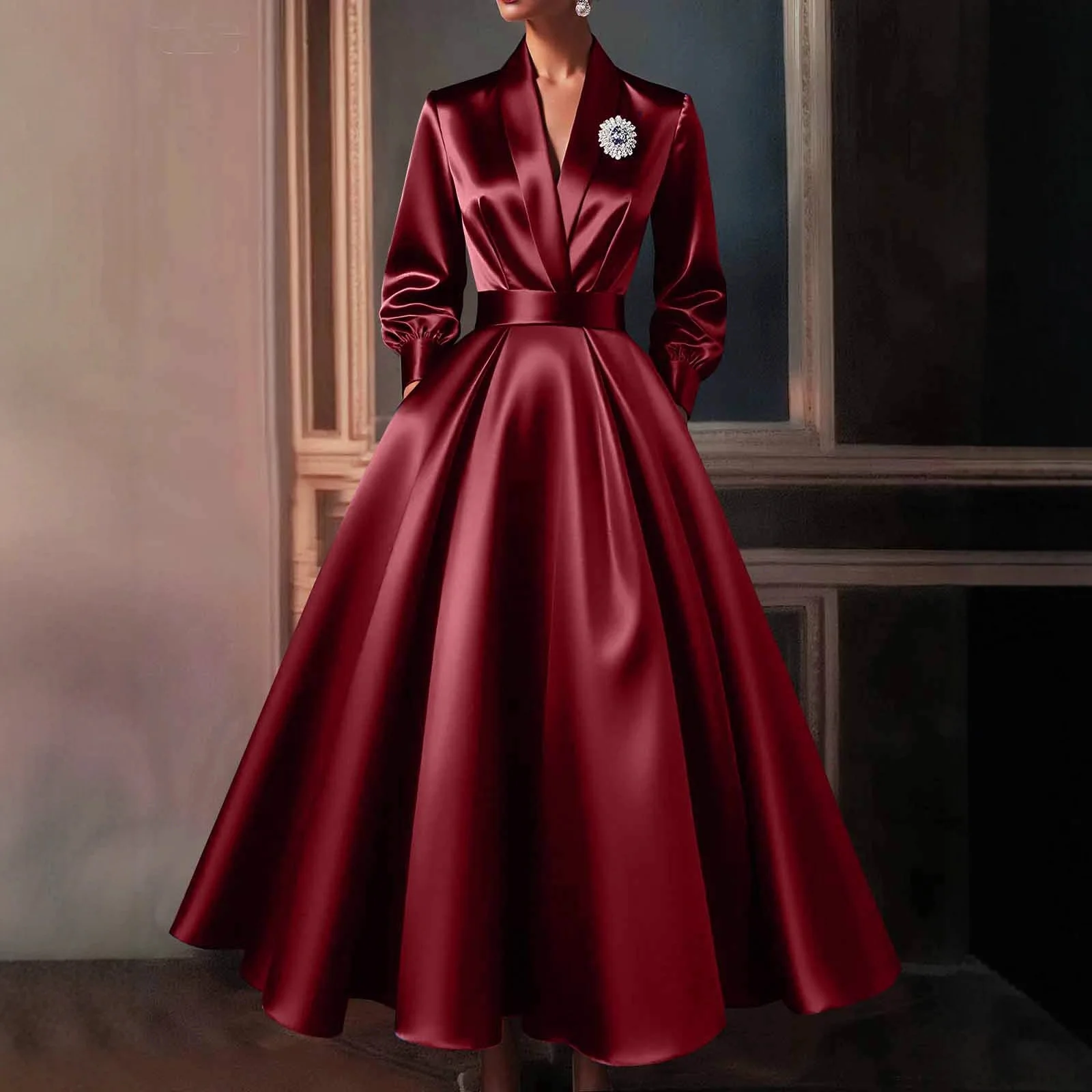 Elegant Satin Women's Dress Sexy V Neck Long Sleeve Pleated A-Line Long Dress Waisted Evening Party Dress Wedding Guest Vestidos