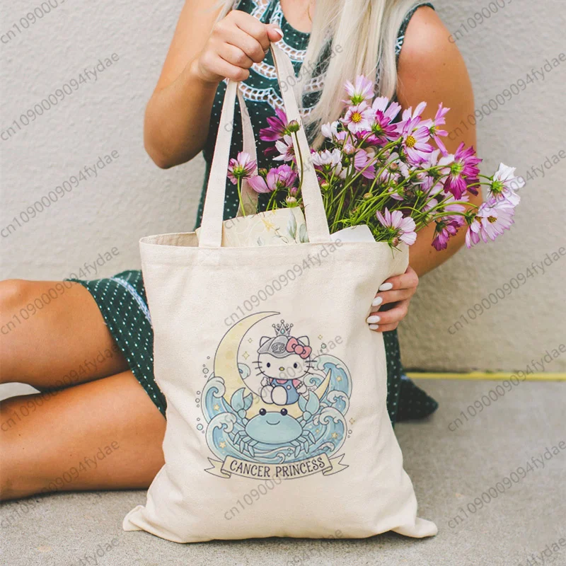 

Women Kawaii Hello Kitty 12 Constellations Printed Handbags Canvas Tote Shopping Bags Reusable Shopping Bag Eco Foldable