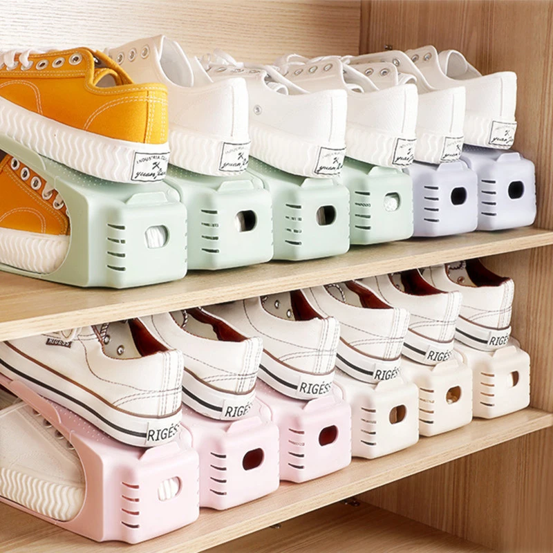 

Durable Solid Color Double Layer Adjustable Shoe Rack Organizer Footwear Support Space Saving Storage Shoe Stand