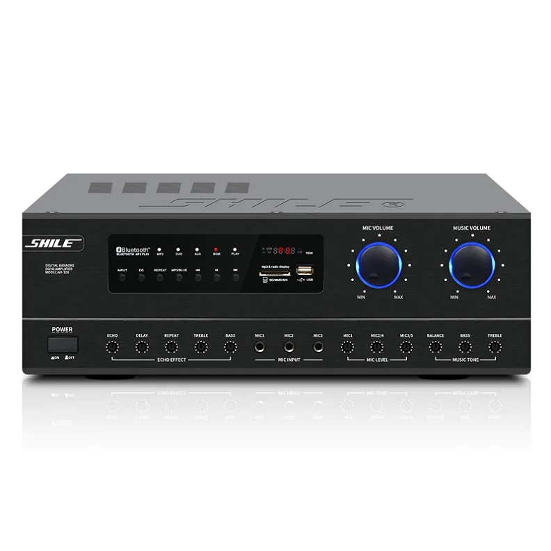 AMPLIFICADOR DE POTENCIA para el hogar, 100W, Karaoke, USB, Mezclador SD, amplificador HiFi inalámbrico con micrófono de diente azul, amplificador estéreo para bajo y guitarra