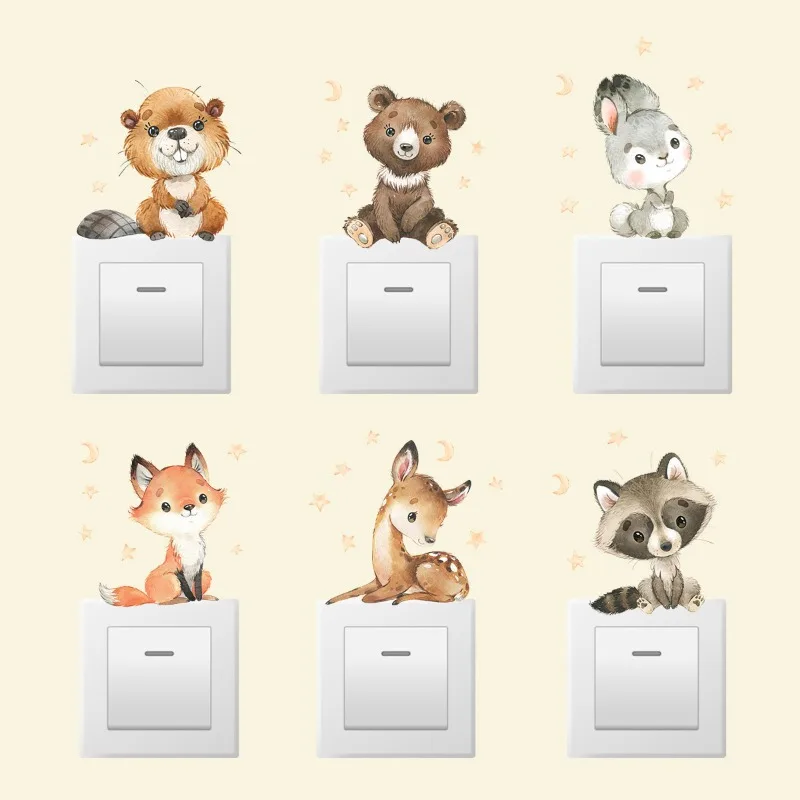 6pcs Cartoon Fox Squirrel Rabbit Animal Switch Wall Stickers for Kids Room Bedroom Nursery Home Decoartion Wall Decals