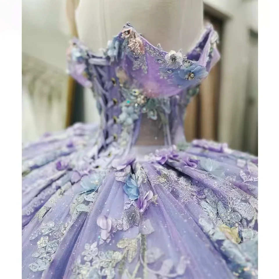 فساتين Quinceanera أرجوانية ثوب حفلة قبالة الكتف مزين بالزهور الحلو 16 فساتين 15 Años المكسيكي حسب الطلب #3