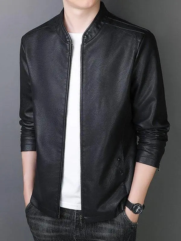 

Мужская кожаная куртка-байкер с подкладкой, воротником-стойкой, в стиле рабочей одежды, осенне-зимняя, модная, в корейском стиле, повседневная.