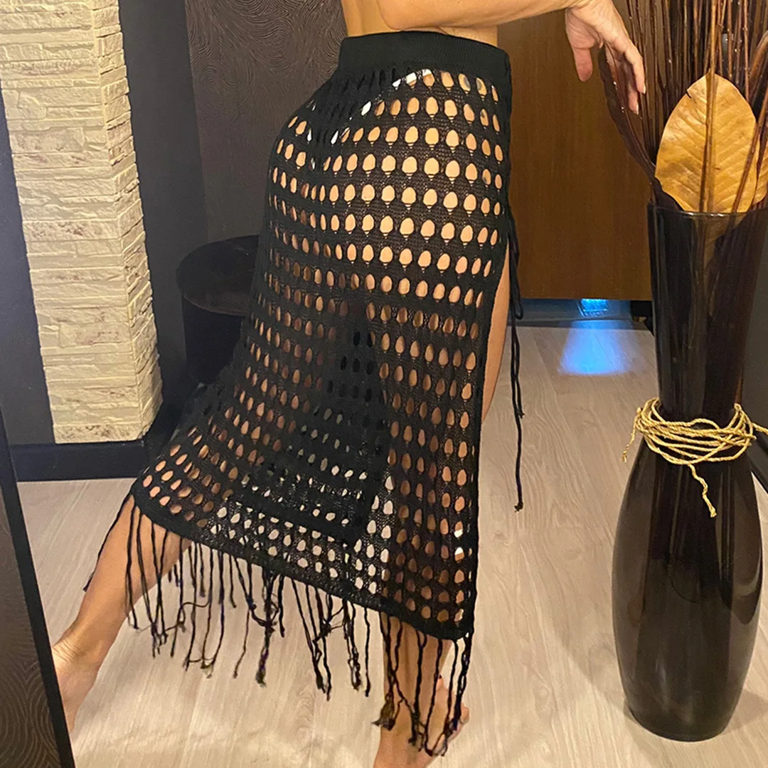 S - XL Neues, mit Fransen und Quasten versehenes, ausgehöhltes, gehäkeltes, gestricktes Tunika-Strandkleid, Strandkleid, Strandmode, Damenmode V5639 – Detail 7