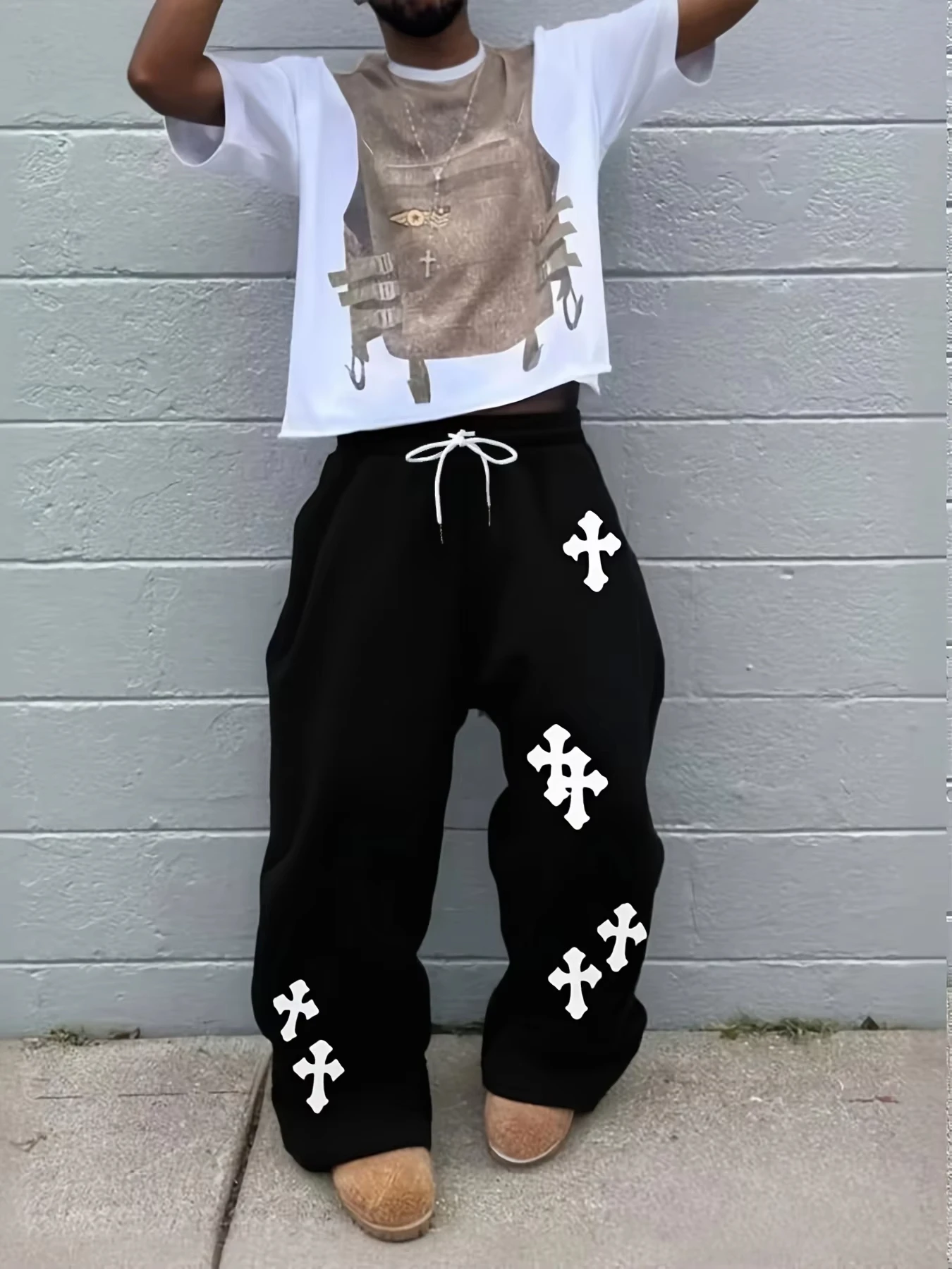 2026 Trendy Men's Kids Wide Leg Pants Large Cross Print Street Hip-Hop Pants Loose Casual Jogging Pants Gothic Fashion