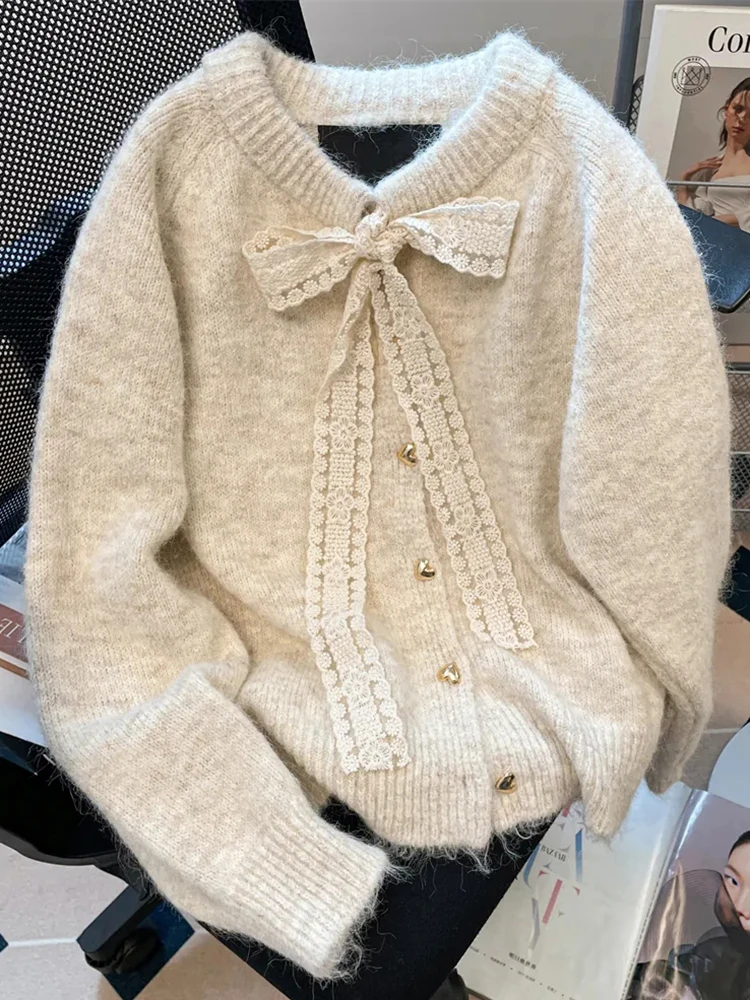 

Zoki Bow Sweet Women Cardigan Korean Long Sleeve Loose O Neck Knitted Sweaters Casual Love Buttons Vintage Lady Fall Winter Tops