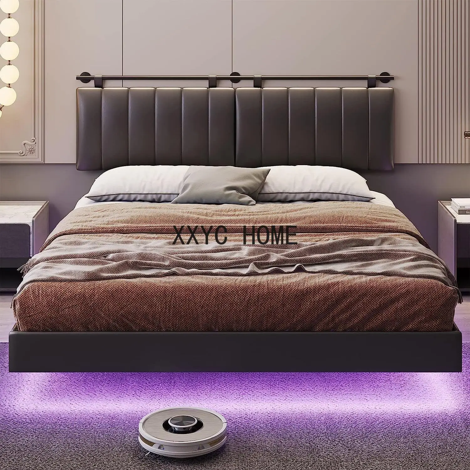 Marco de cama King negro con luces LED y cabecero montado en la pared, plataforma tapizada para muebles de dormitorio interior