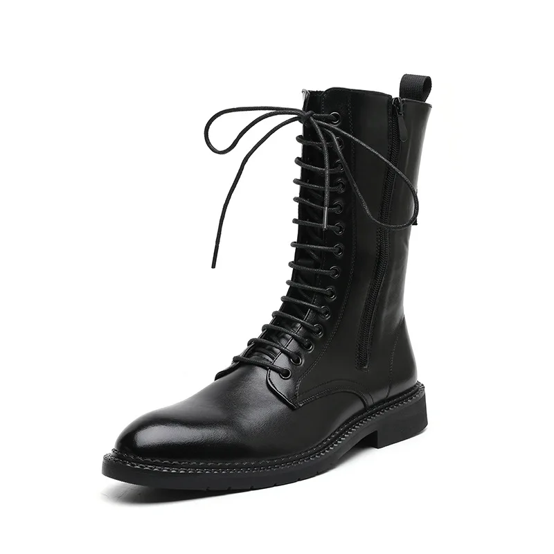 British style men\'s fashion motorcycle boots black soft leather shoes lace-up cowboy boot spring autumn handsome long botas mans