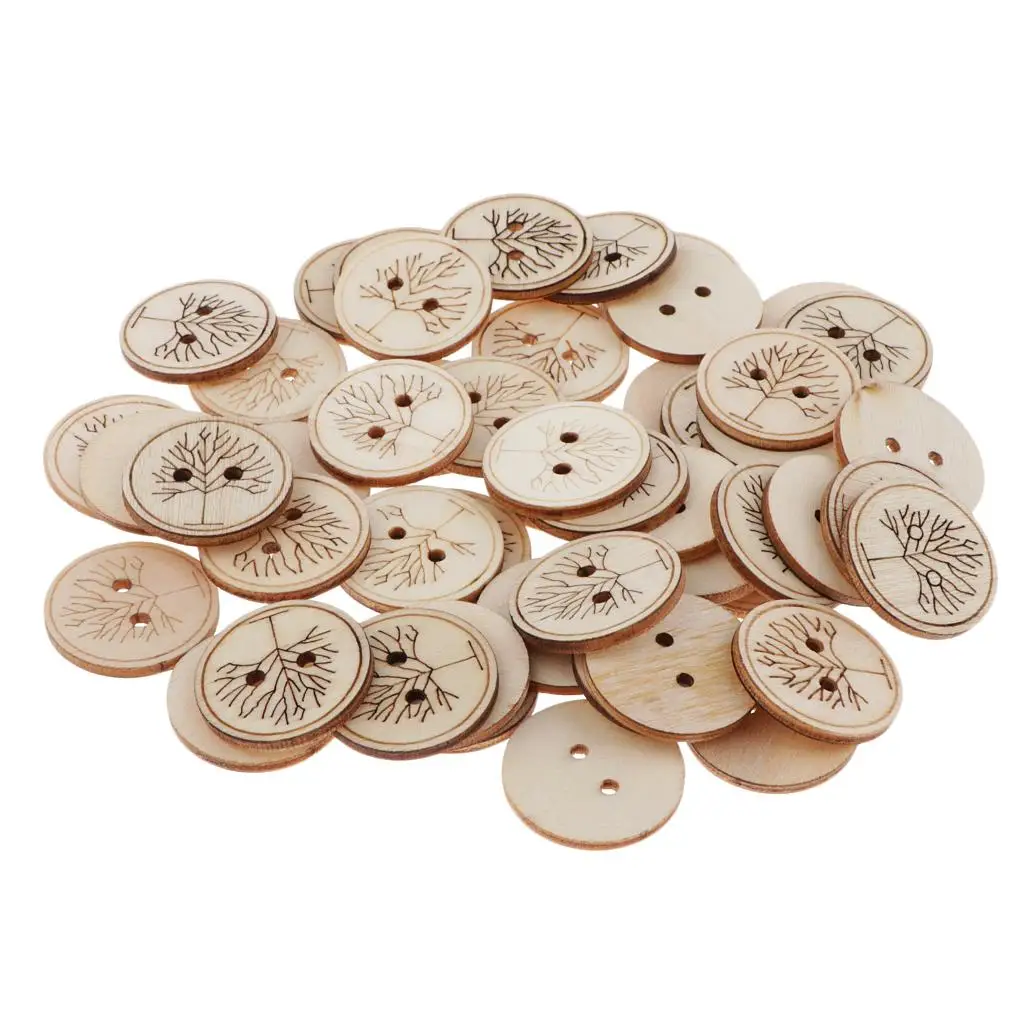 2x50 Pieces Printed Round Wooden Button for Sewing Clothes Accessories 25mm