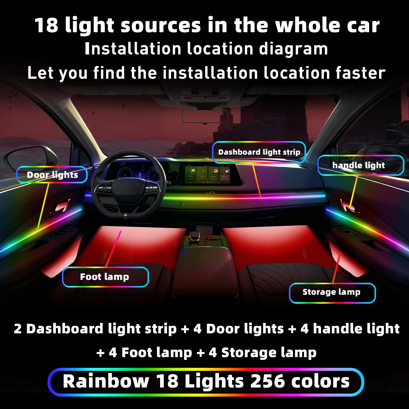 For TOYOTA4RUNNER 1996-2002 CAR AMBIENT LIGHTING colorful 18 Lights kit 256 colors iridescent 18 in 1 LED Interior Hidden Acrylic Strip Symphony Atmosphere Lamp Neon acrylic light strip  Lighting and decorative lamps Long Standby Car Decorative Light