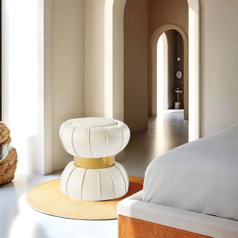 

Contemporary White Accent Stool with Bow Tie Design and Gold Trim in Stainless Steel for Living Room