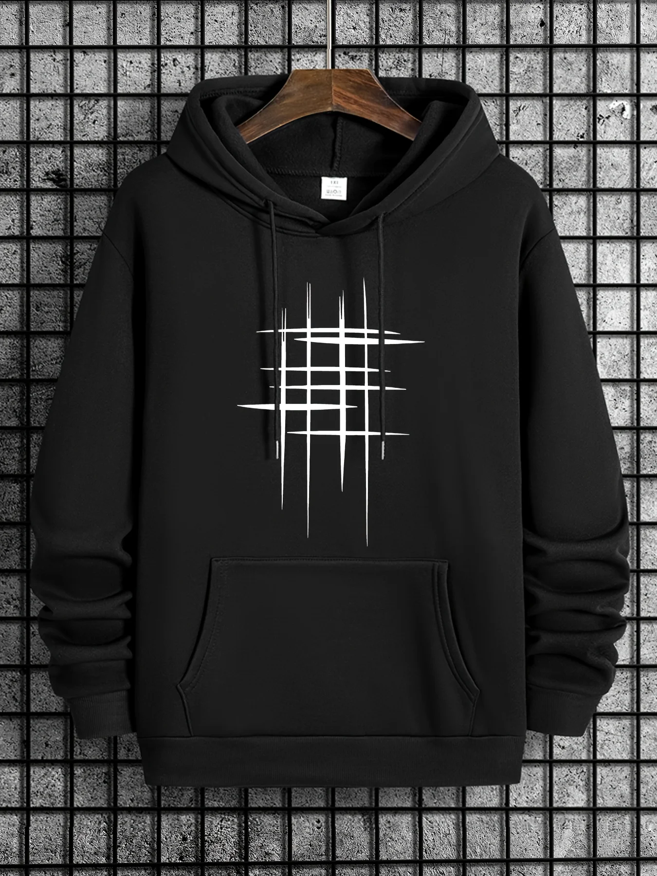 Men Hip Hop Sport Hoodie Minimalist Abstract Line Grid Graphic Print Simple Dark Street Style Loose Casual Hooded Pullover