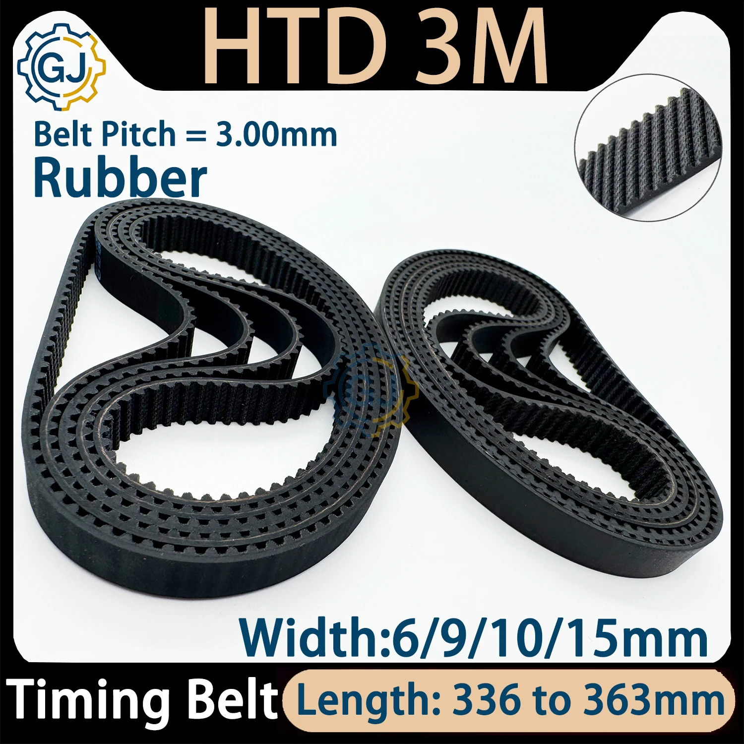 HTD 3M Timing Belt Length 336 339 342 345 348 351 354 357 360 363mm Width 6/9/10/15mm Rubber Drive Belt HTD3M Synchronous Belt