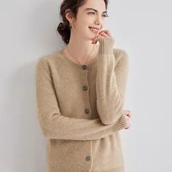 Cashmere cardigan women'sO-neck solid color long-sleeved cashmere coat is slim and versatile knitted sweater.