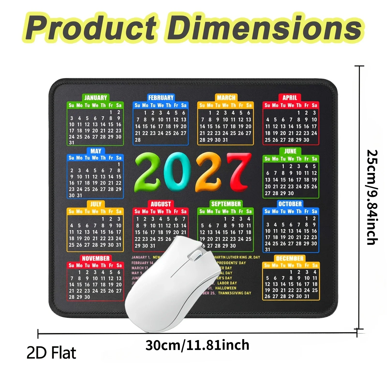 Mouse Pad,2027 Calendar Black,Stitched Edge| Non-Slip Rubber Base, for Computer Laptop,11.81X9.84Inches, Kawaii Desk Accessories
