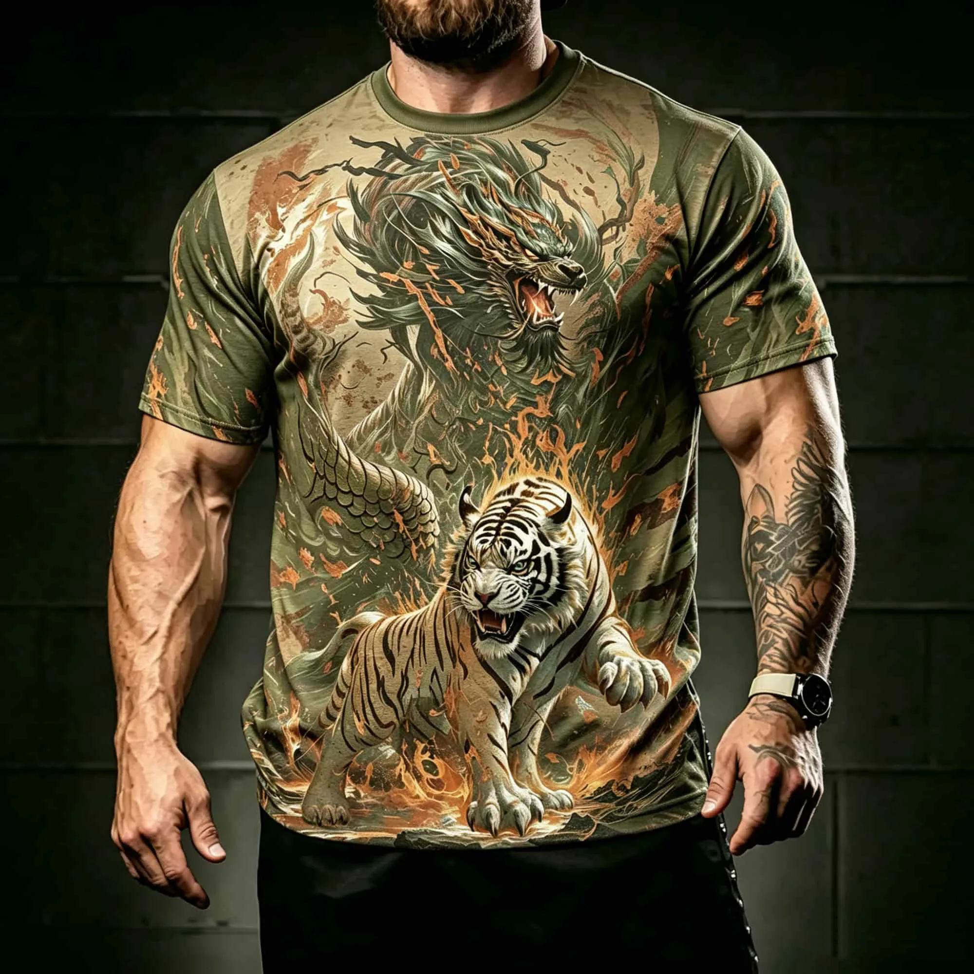 Men Short Sleeve T Shirt Chinese Dragon & Tiger Vintage Distressed Print Crew Neck Casual Streetwear Graphic Tops