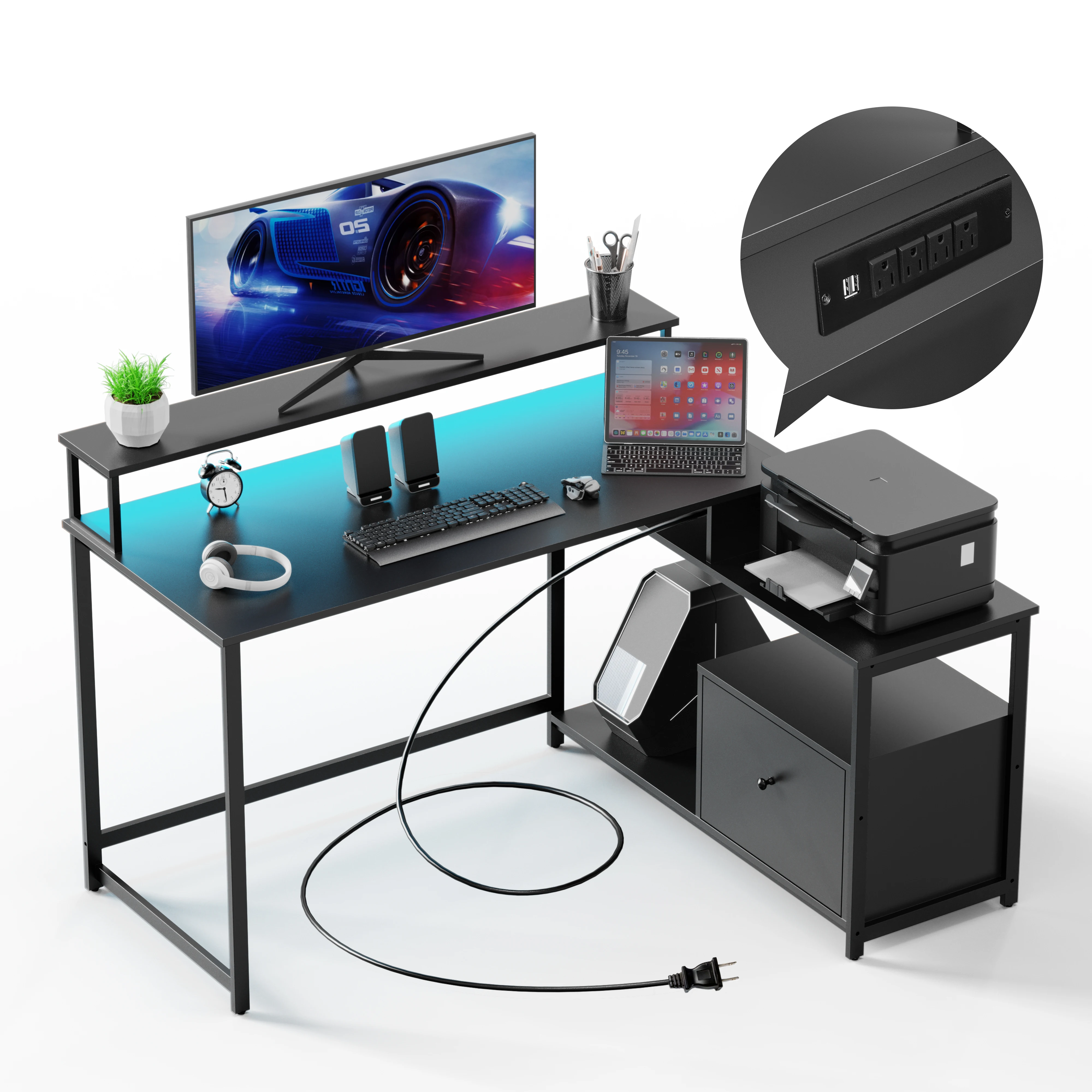 

Home Office Computer Desk with File Drawer, LED Strip, Power Outlet