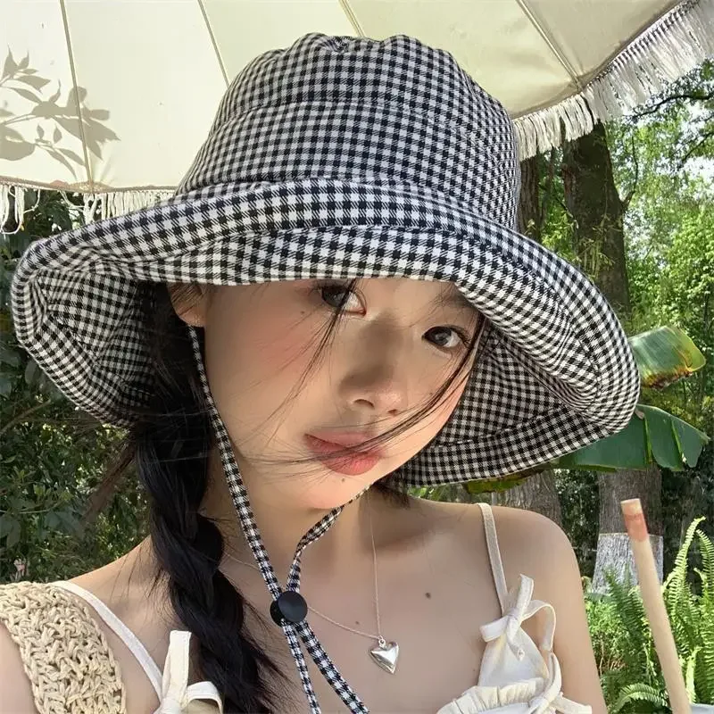 Korean Ins Plaid Big Bucket Hat Fashion Fresh Outdoor Travel Versatile Hat Women Summer Large Brim UV Sun Protection Leisure Cap