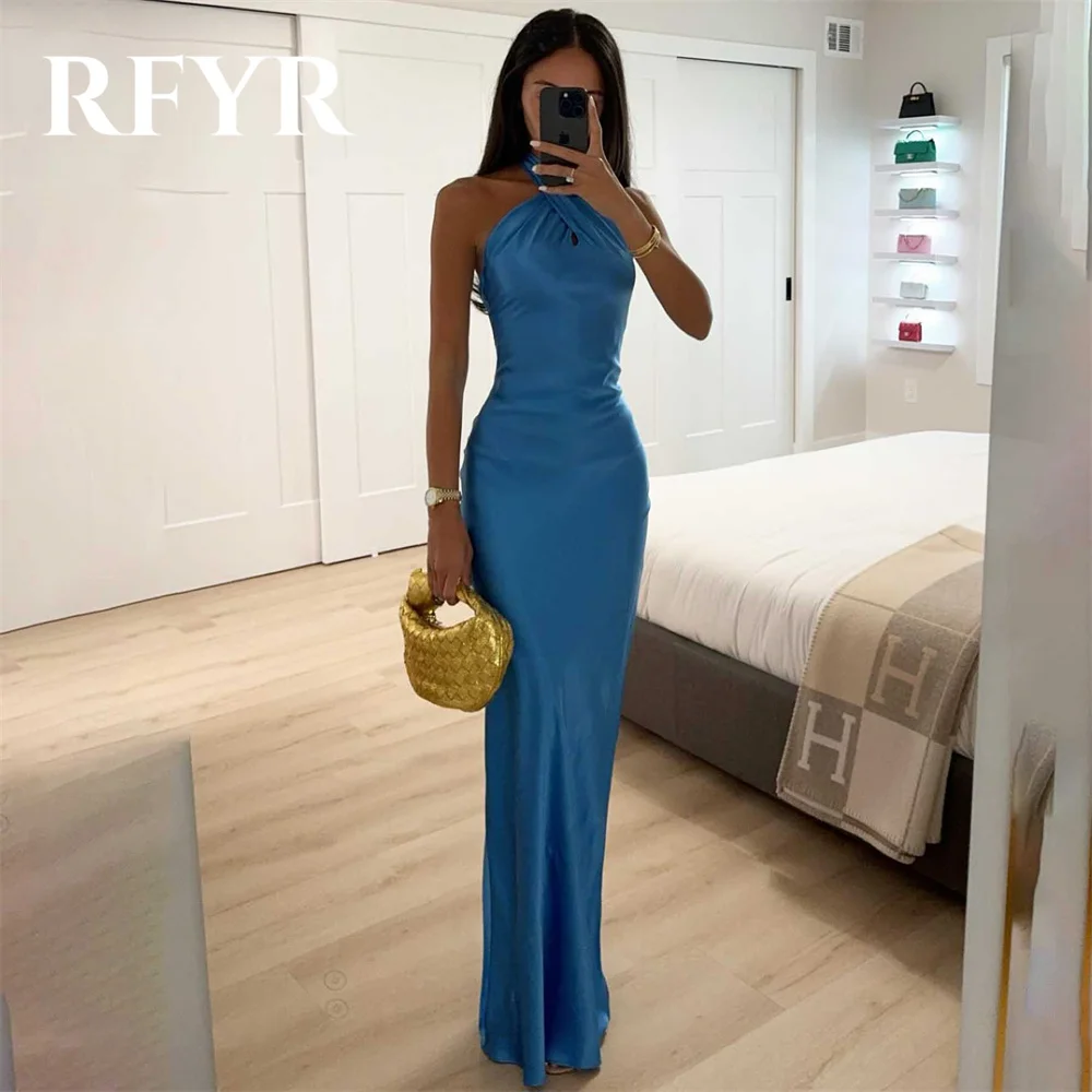 RFYR Simple Blue Mermaid Formal Dresses with Stain Pleats Party Dresses For Wedding Halter Special Occasion Dress robe soirée