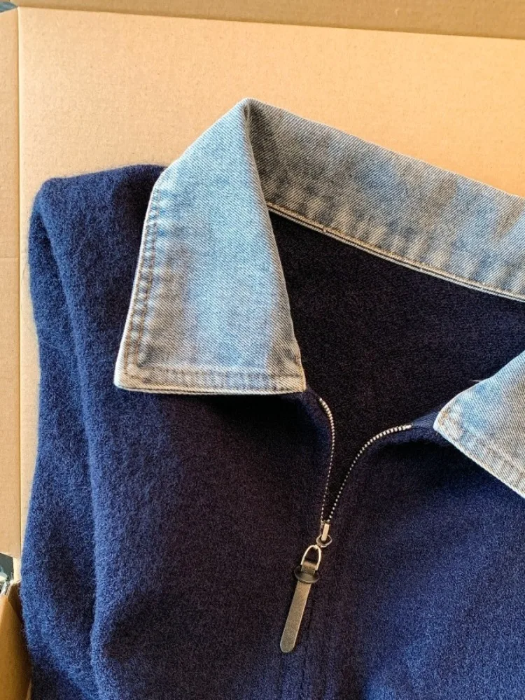 Sweter damski na jesień i zimę, dzianinowy, z denimowym kołnierzem, łączony, kardigan, nowy, elegancki, do pracy, dopasowany...