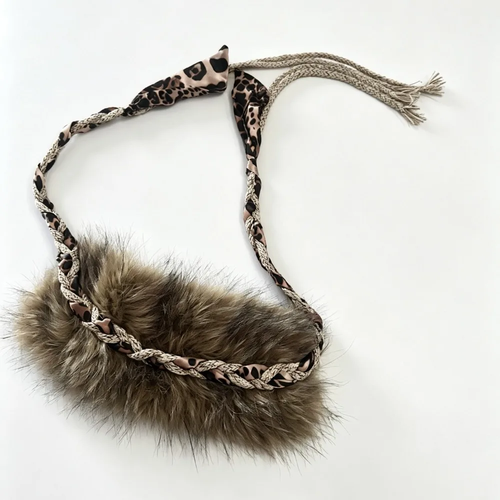Faux Fur Leopard Print Waist Belt Pom-Pom Tassel Fabric Decor Faux Fur Rope Belt Rope Fuzzy Decorative Waistband For Women