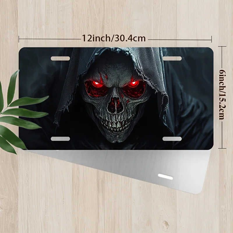 Vintage Grim Reaper Totenkopf mit Roten Augen Nummernschild 2D Flaches Aluminium Blechschild Wanddekoration für Garage, Bar, Männerhöhle und Autofront