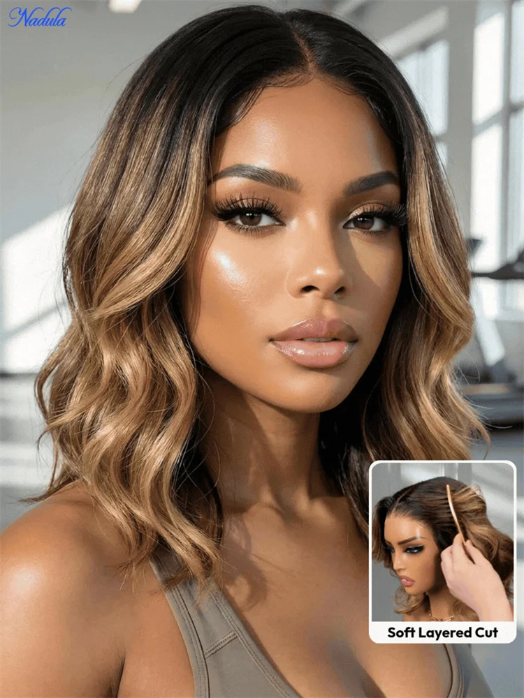 Nadula 13x4 Highlights Blonde Wavy Bob Human Hair Wig with Dark Root No Tangle No Shedding 13x4 Bye Bye Slip Pre Cut Transparent Lace Front Bob Glueless Wig Pre Bleached Knot Pre Plucked Drawstring BOB Wig for All Heads Sizes