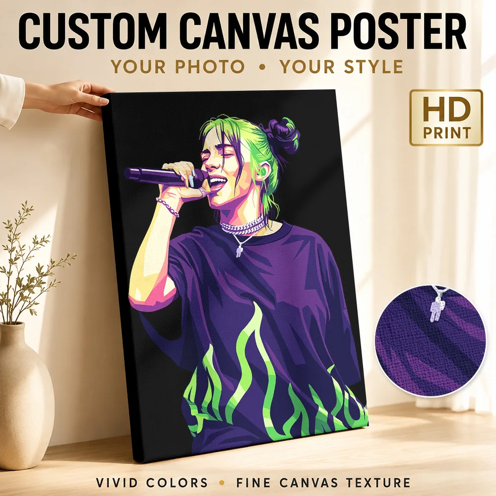 Billie Eilish Digital Portrait Canvas Poster Customized Photo Geometric Color Blocking Wall Art For Bedroom Listening Corner
