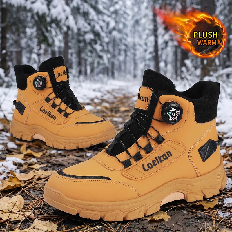 Men Winter Fleece Lined High‑top Boots Rotary Buckle Quick Lace‑up Thick Non‑slip Sole Warm Casual Male Shoes