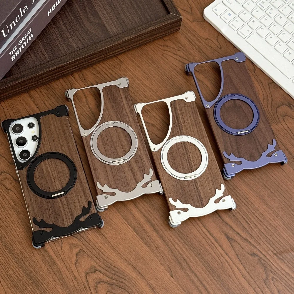 

Detachable Frameless Aluminum Alloy Walnut Phone Case for Samsung Galaxy S23 S24 S25 S26 Ultra with Metal 360 ° Rotating Stand